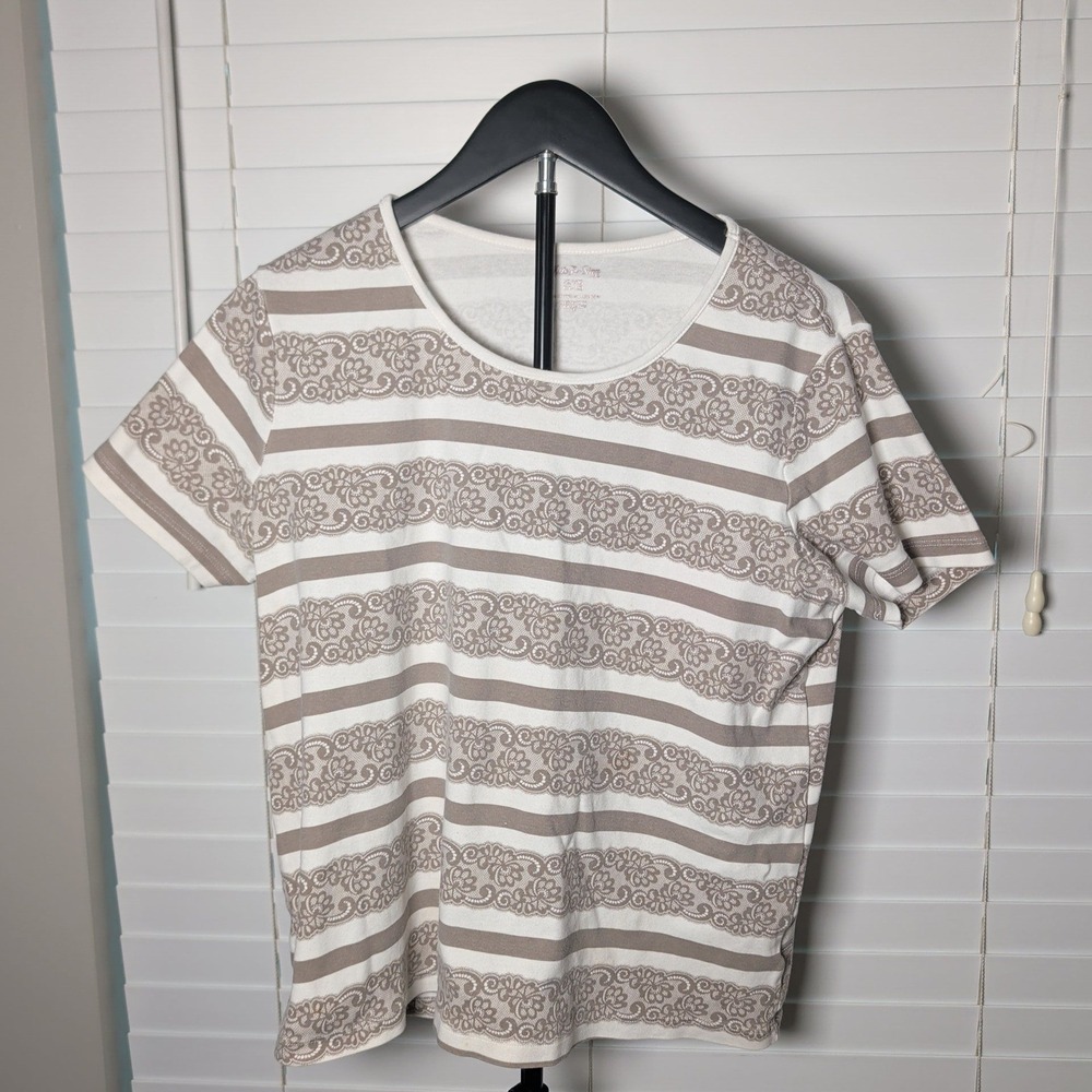 White Stag T-Shirt Women XL White Brown Floral Lace Stripe Cotton Excellent